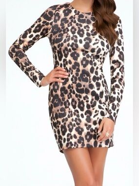 Bebe Leopard Print Long Sleeve Bodycon Dress - Taupe/Black